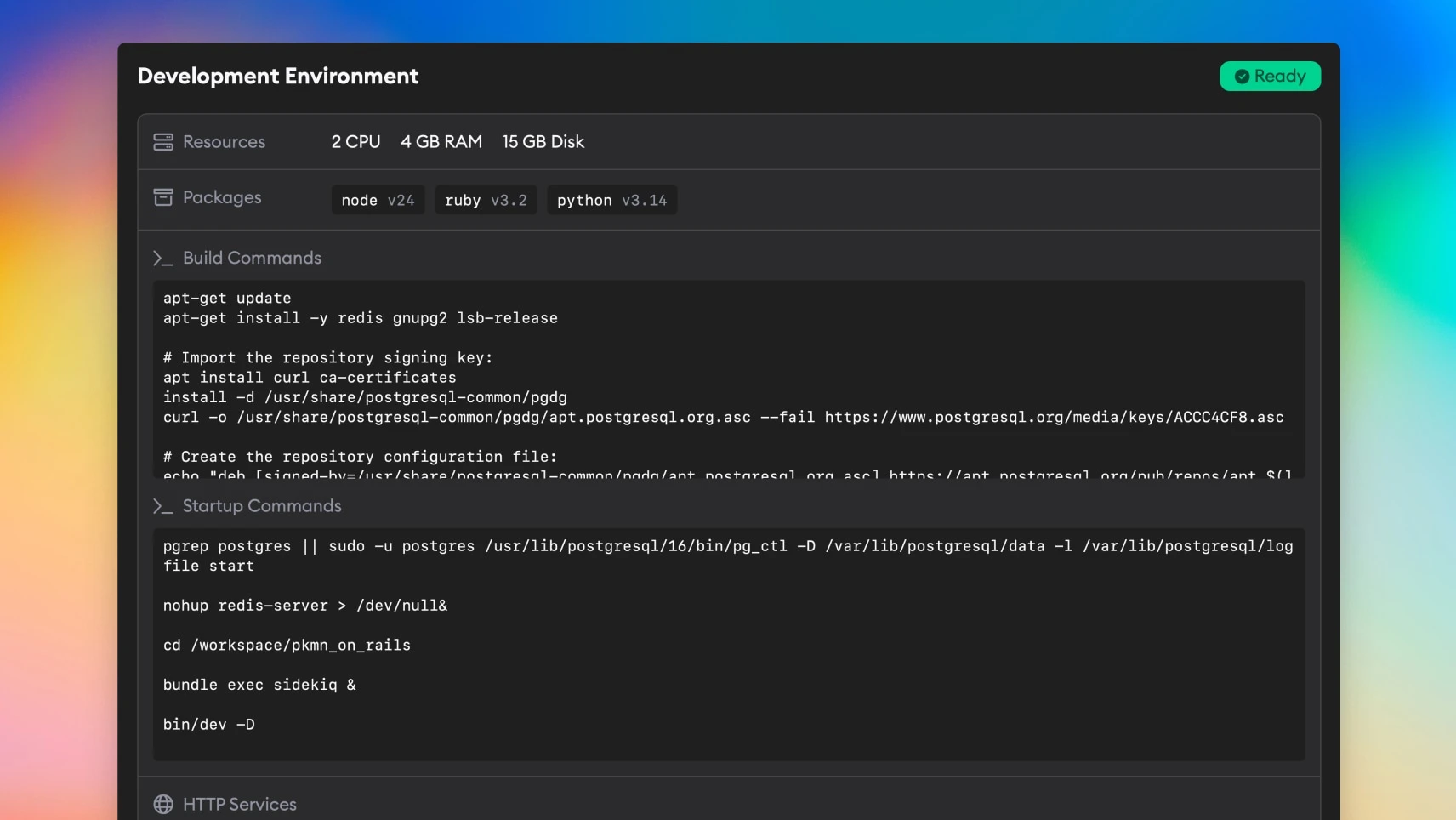 Screenshot showing development environment configuration