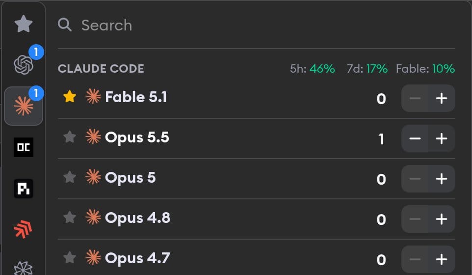 Profile selector showing 5-hour and 7-day rate limit utilization for Claude Code, plus a separate Fable indicator, in the panel header