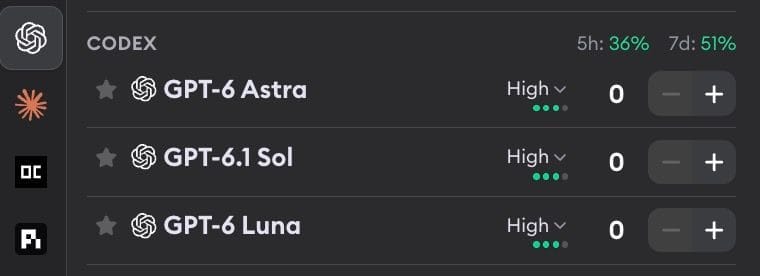 Codex models in the agent picker: GPT-6 Astra, GPT-6.1 Sol, and GPT-6 Luna, each set to High reasoning