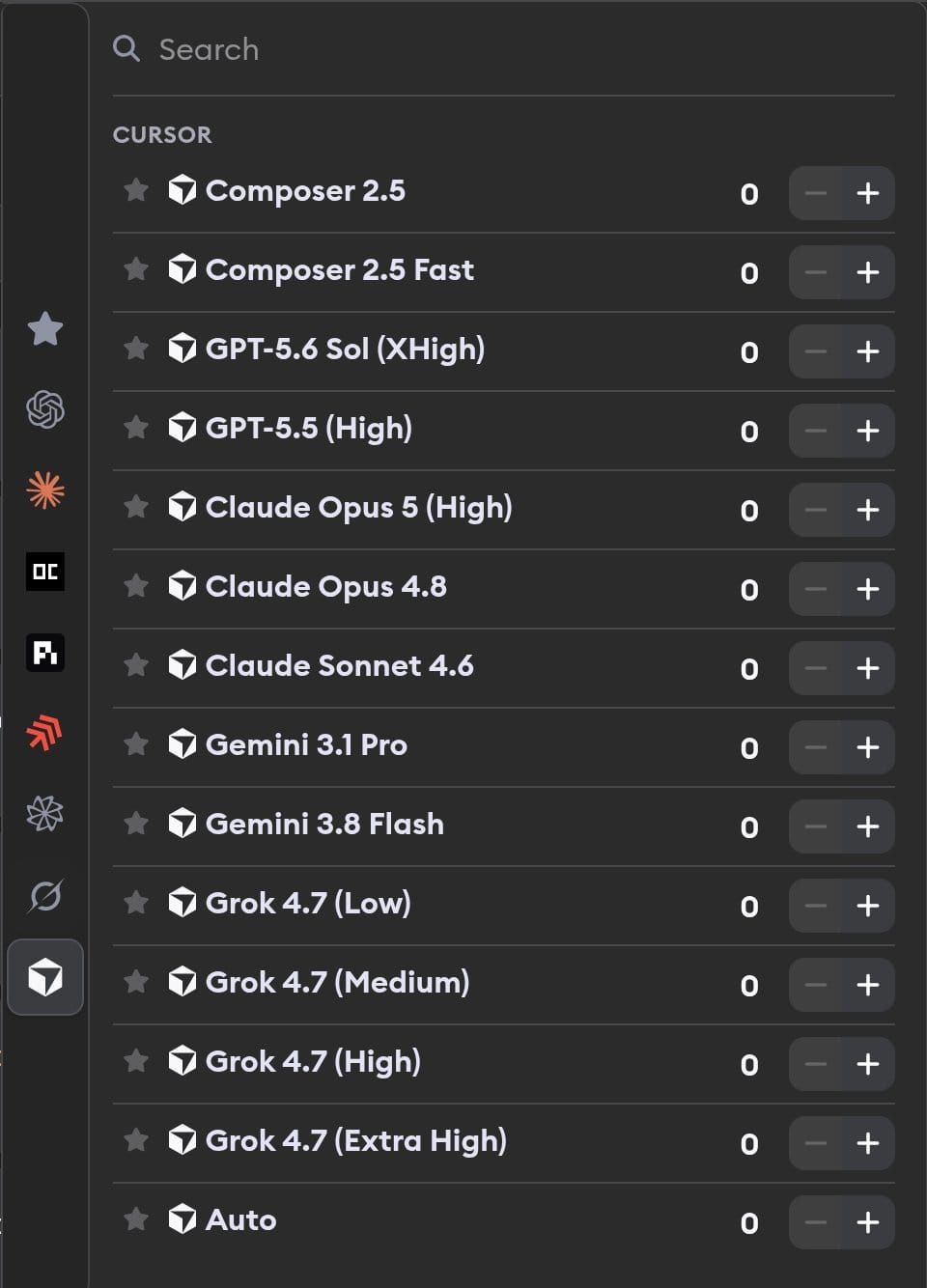 Cursor model selection showing Composer 2.5, Composer 2.5 Fast, GPT-5.6 Sol (XHigh), GPT-5.5 (High), Claude Opus 5 (High), Claude Opus 4.8, Claude Sonnet 4.6, Gemini 3.1 Pro, Gemini 3.8 Flash, Grok 4.7, and Auto profiles