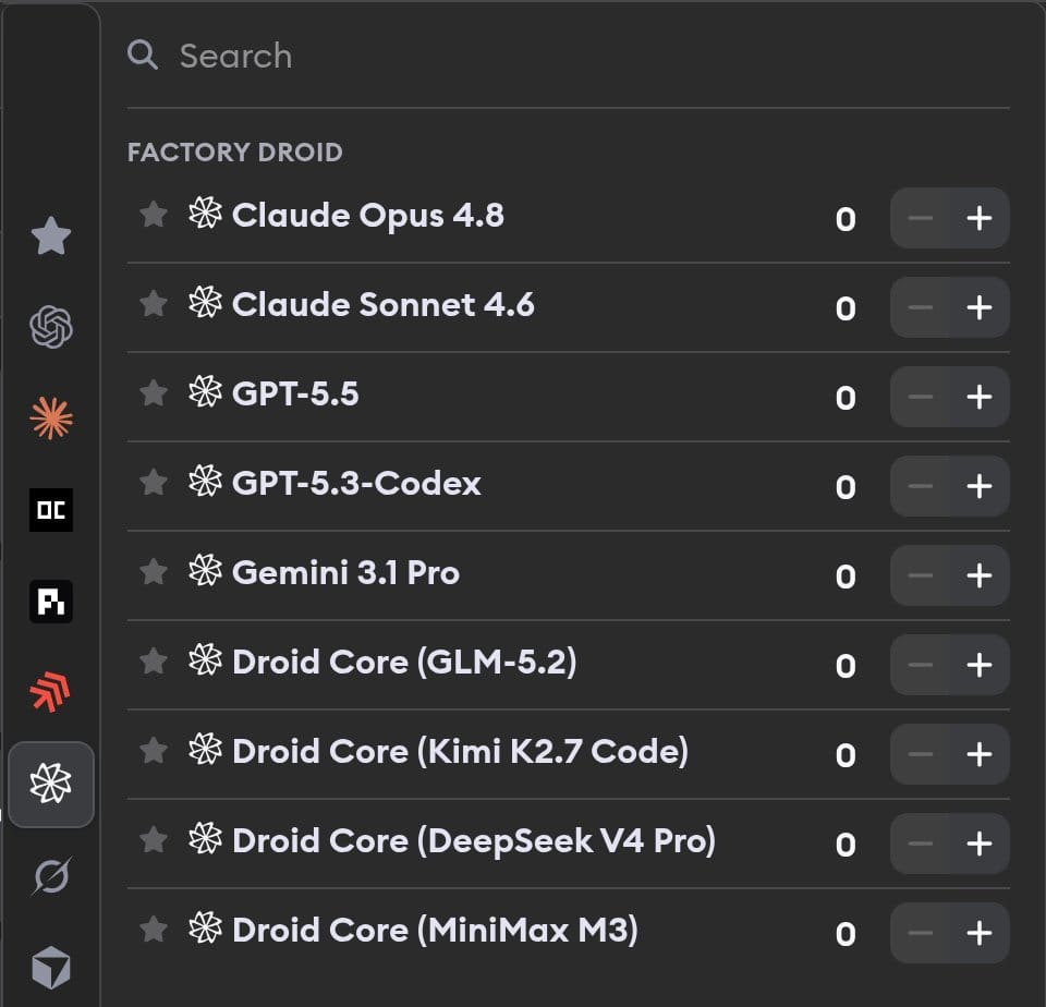 Factory Droid model selection listing Claude Opus 4.8, Claude Sonnet 4.6, GPT-5.5, GPT-5.3-Codex, Gemini 3.1 Pro, and the Droid Core profiles
