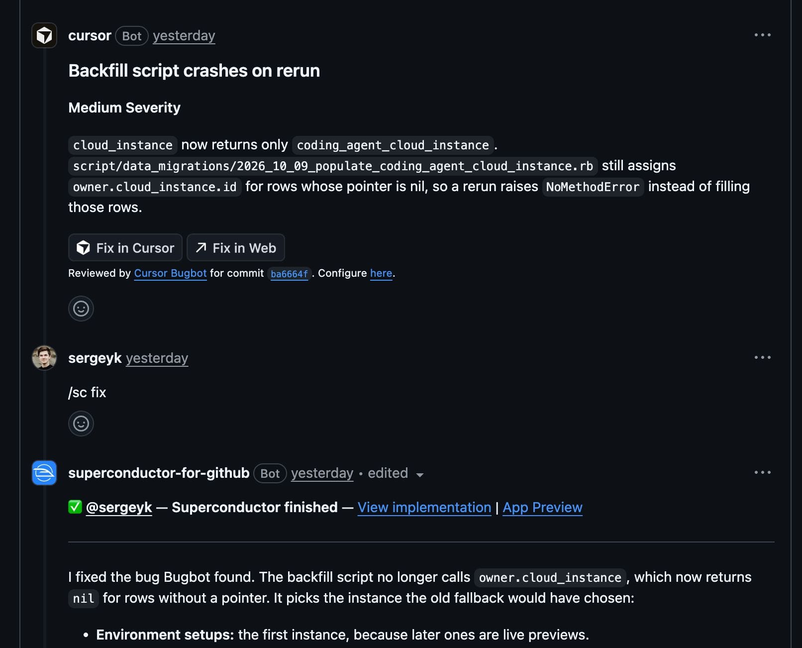 A GitHub pull request thread where Cursor Bugbot reports that a backfill script crashes on rerun, a teammate replies /sc fix, and Superconductor replies that it fixed the bug, with View implementation and App Preview links and an explanation of the change