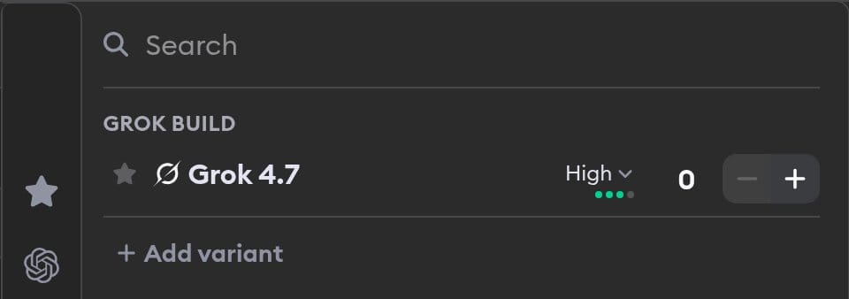 Grok Build in the agent picker, showing Grok 4.7 with its reasoning effort set to High