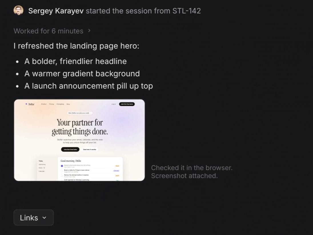A Superconductor session started from Linear issue STL-142, where the agent reports that it refreshed a landing page hero with a bolder headline, a warmer gradient background, and a launch announcement pill, with a browser screenshot of the result and a Links menu