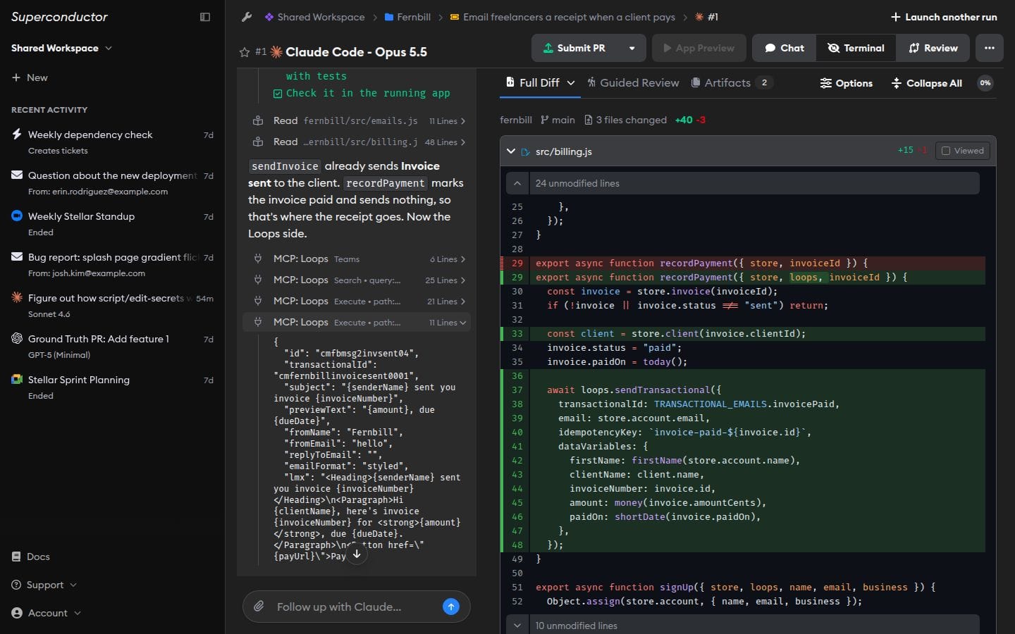 A Claude Code session in Superconductor calling the Loops MCP tools to read a transactional email template, next to a diff that adds loops.sendTransactional to the recordPayment function