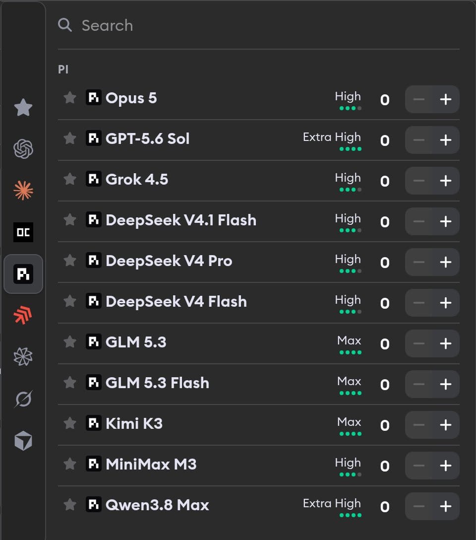 Pi model selection listing Opus 5, GPT-5.6 Sol, Grok 4.5, DeepSeek V4.1 Flash, DeepSeek V4 Pro, DeepSeek V4 Flash, GLM 5.3, GLM 5.3 Flash, Kimi K3, MiniMax M3, and Qwen3.8 Max profiles at their reasoning effort levels