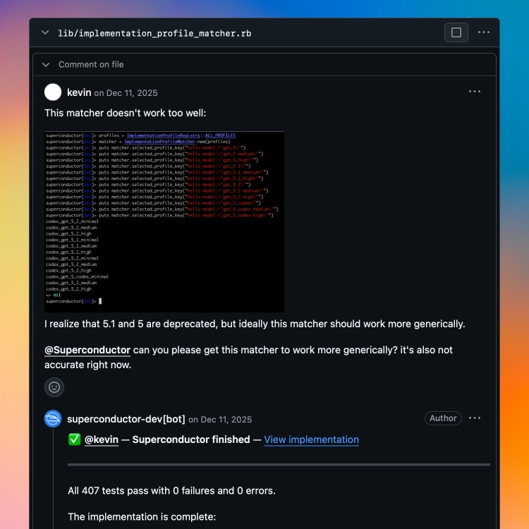 GitHub pull request comment mentioning @superconductor to request code review or new work