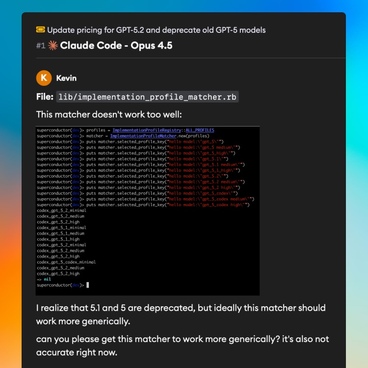 GitHub pull request comment automatically synced to Superconductor chat interface