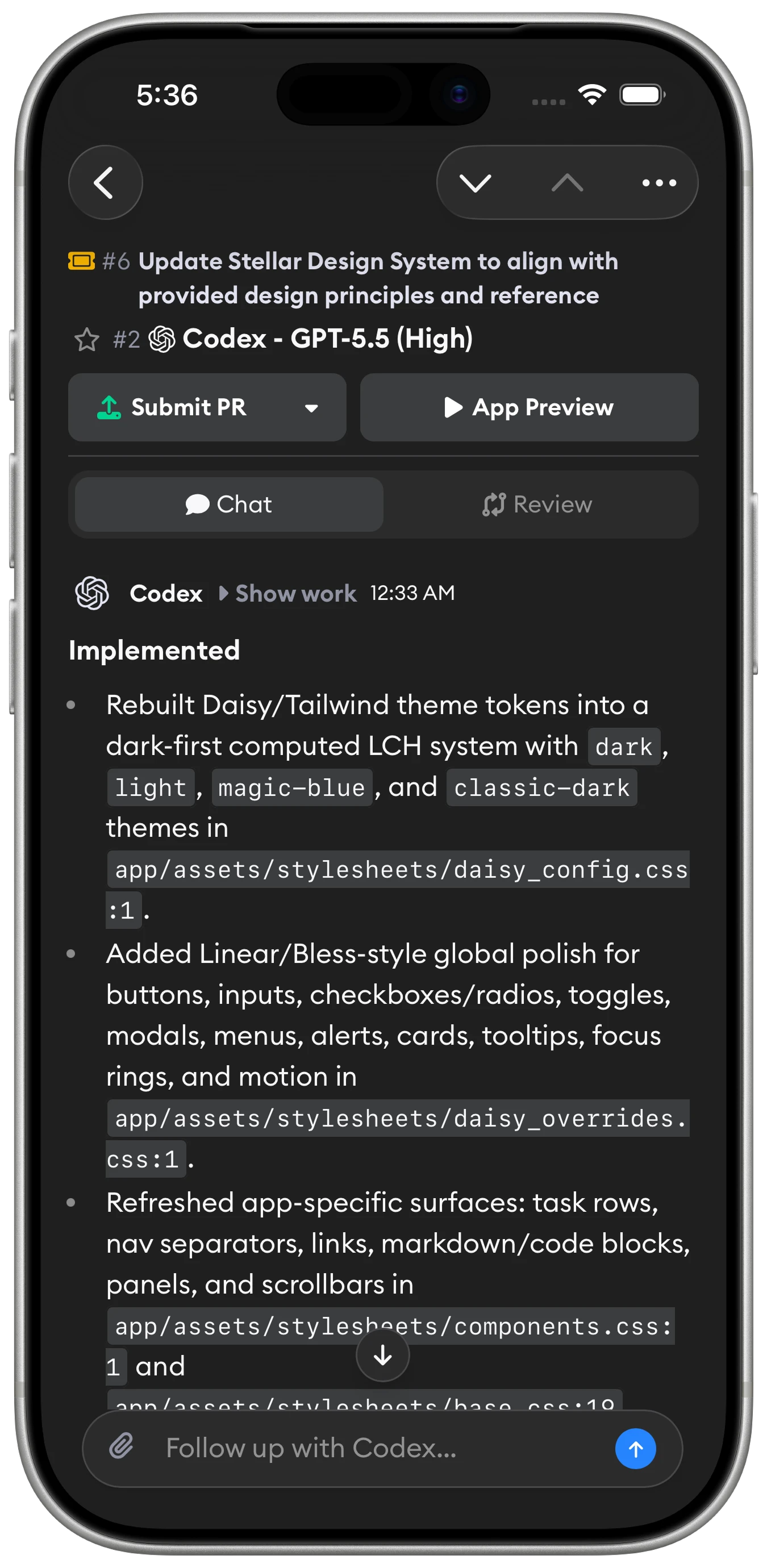 Mobile Superconductor chat with a coding agent